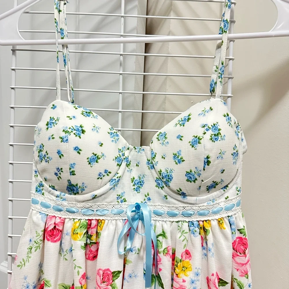 Altar'd State Cream Floral Babydoll Bustier Dress with Pink & Yellow Roses - Picture 2 of 5
